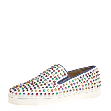 Pre Owned Christian Louboutin White Leather Roller Boat Multicolor Spiked Slip On Sneakers Size 44