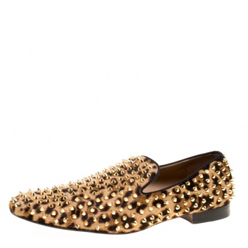 Pre Owned Christian Louboutin Beige Leopard Print Pony Hair Roller Boy Spiked Loafers Size 45
