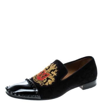 Pre Owned Christian Louboutin Black Suede and Patent Leather Loubi Forever Spike Loafers Size 40