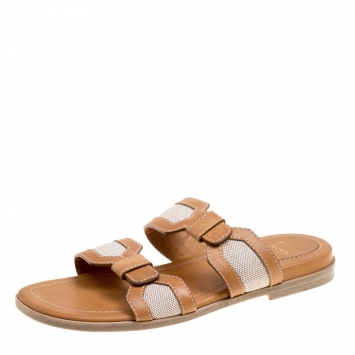 Pre Owned Christian Louboutin Brown Leather And Cotton Blend Ours Flat Mastic Flat Sandals Size 42.5