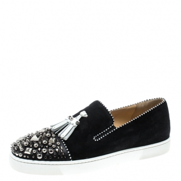 Pre Owned Christian Louboutin Black Suede Spiked Tassel Detail Sneakers Size 42