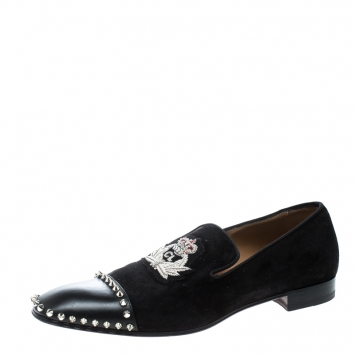 Pre Owned Christian Louboutin Black Suede and Leather Studded Flat Loafers Size 42