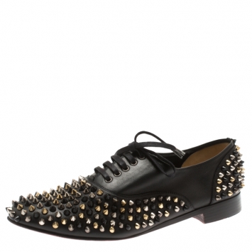 Pre Owned Christian Louboutin Black Leather Donna Spike Lace Up Oxfords Size 41