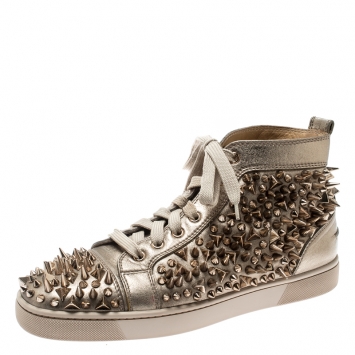 Pre Owned Christian Louboutin Metallic Gold Leather Louis Spikes Lace Up High Top Sneakers Size 41