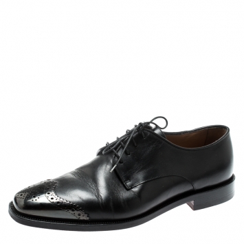 Pre Owned Christian Louboutin Black Leather Brogue Metal Cap Toe Derby Oxfords Size 40.5