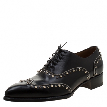 Pre Owned Christian Louboutin Black Leather Spike And Crystal Trim Wing Tip Lace Up Oxfords Size 42