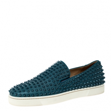 Pre Owned Christian Louboutin Blue Leather Roller Boat Spike Slip On Sneakers Size 41.5