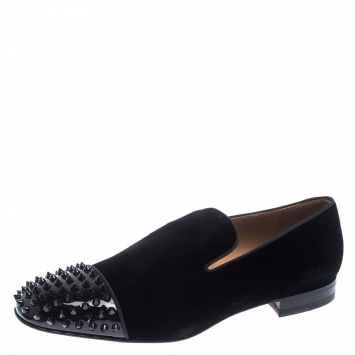Pre Owned Christian Louboutin Black Velvet Spooky Spiked Toe Cap Smoking Slippers Size 44