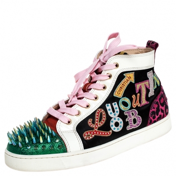 Pre Owned Christian Louboutin Multicolor Leopard Print/Logo Suede and Patent Leather Lou Spikes Sneakers Size 41