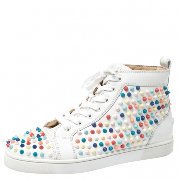 Pre Owned Christian Louboutin White Leather Multicolor Louis Spikes Lace Up High Top Sneakers Size 40.5