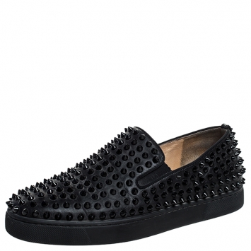 Pre Owned Christian Louboutin Black Leather Roller Boat Spiked Slip On Sneakers Size 40