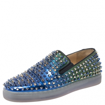 Pre Owned Christian Louboutin Blue/Green Patent Leather Dandelion Spikes Loafers Size 41