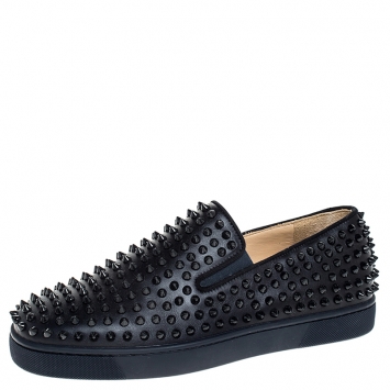 Pre Owned Christian Louboutin Navy Blue Leather Roller Boat Spiked Slip On Sneakers Size 41