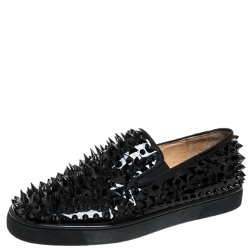 Pre Owned Christian Louboutin Black Patent Leather Pik Spiked Slip On Sneakers Size 42.5