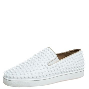 Pre Owned Christian Louboutin White Leather Roller Boat Spiked Slip On Sneakers Size 45