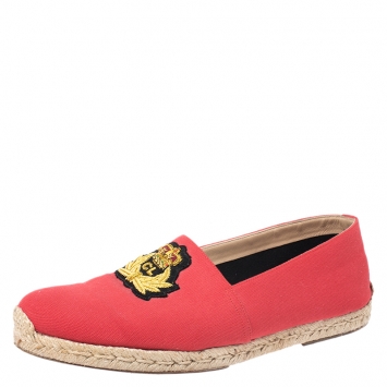 Pre Owned Christian Louboutin Red Canvas Gala Embroidered Crest Espadrille Loafers Size 44