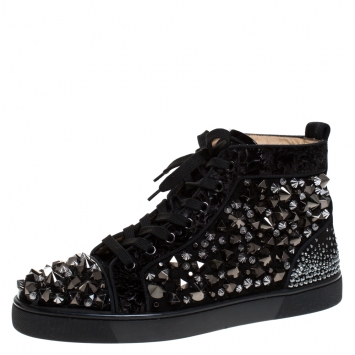 Pre Owned Christian Louboutin Black Suede, Patent Leather And Velvet Embellished Pik Pik Louis High Top Sneakers Size 41.5