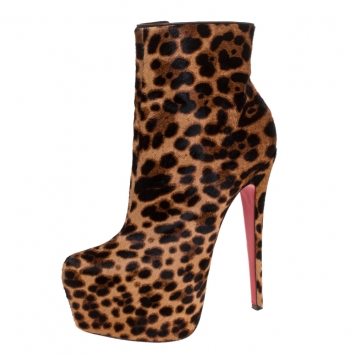 مملوكة مسب�قًا Christian Louboutin Brown Leopard Print Pony Hair Daf Booty Platform Ankle Boots Size 37.5