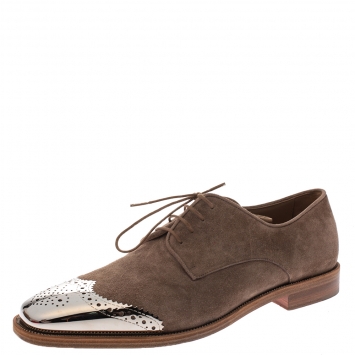 Pre Owned Christian Louboutin Beige Suede Brogue Metal Cap Toe Gareth Derby Size 41