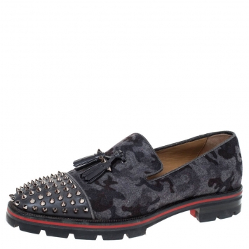 Pre Owned Christian Louboutin Grey Camouflage Wool and Leather Rossini Spike Cap Toe Loafers Size 43