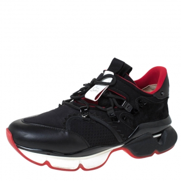 Pre Owned Christian Louboutin Black Neoprene Red-Runner Flat Lace Sneakers Size 43