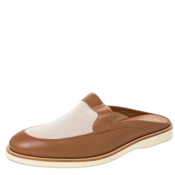 مملوكة مسبقًا Christian Louboutin Tan Leather and Canvas Lazy N' Happy Slip On Mules Size 43