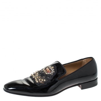 مملوكة مسبقًا Christian Louboutin Black Patent Leather Stud And Logo Embellished Smoking Slippers Size 42.5