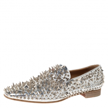 Pre Owned Christian Louboutin Metallic Silver Leather Spike Dandy Pik Pik Loafers Size 45