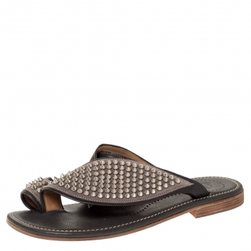 Pre Owned Christian Louboutin Green Textured Leather Spike Suctam Flat Sandals Size 43