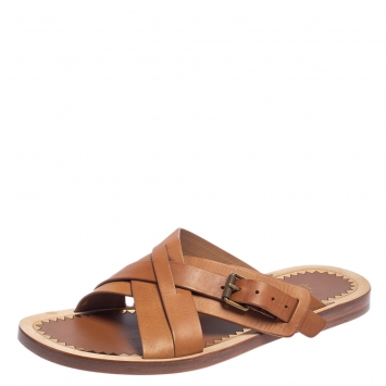 Pre Owned Christian Louboutin Brown Leather Cross Strap Buckle Embellished Flat Sandals Size 45