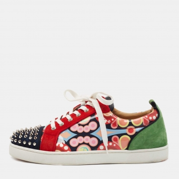 Pre Owned Christian Louboutin Multicolor Printed Patent Leather and Suede Louis Junior Spike Low Top Sneakers Size 44