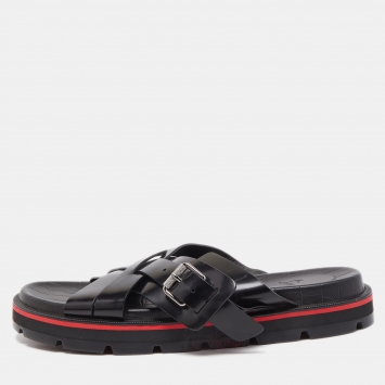 Pre Owned Christian Louboutin Black Leather Cross Strap Buckle Embellished Flat Sandals Size 40.5