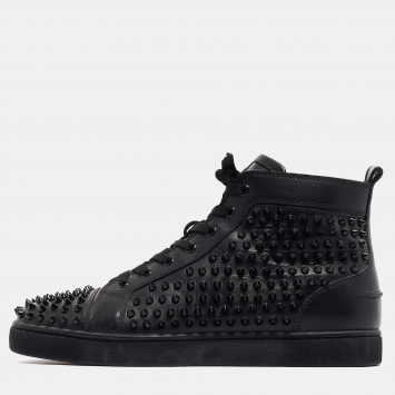 Pre Owned Christian Louboutin Black Leather Louis Spikes High Top Sneakers Size 42.5