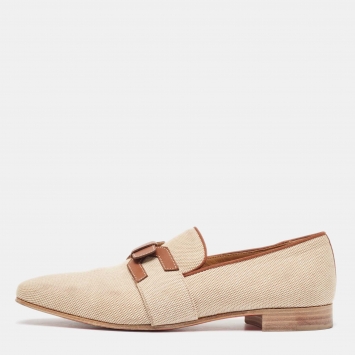 Pre Owned Christian Louboutin Beige/Brown Woven Fabric and Leather Smoking Slippers Size 41
