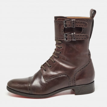 Pre Owned Christian Louboutin Brown Brogue Leather Toerless Boots Size 45