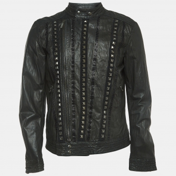 مملوكة مسبقًا Class by Roberto Cavalli Black Studded & Beaded Leather Biker Jacket M