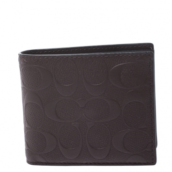 Pre Owned Coach Dark Brown Signature Leather Compact Bifold Wallet