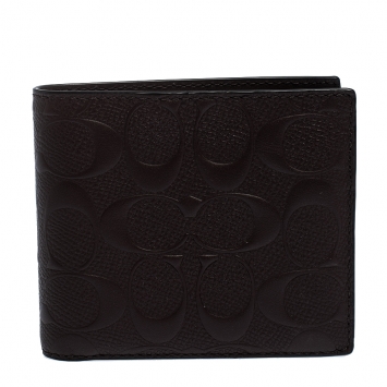 Pre Owned Coach Mahogany Signature Leather Compact Bifold Wallet