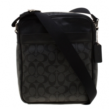 Pre Owned Coach Charcoal Signature Coated Canvas and Leather Flight Messenger Bag