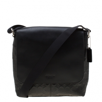 Pre Owned Coach Black Signature Embossed Leather Charles Messenger Bag