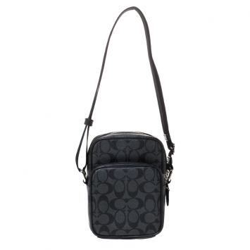 Pre Owned Coach Charcoal Signature Coated Canvas and Leather Messenger Bag 