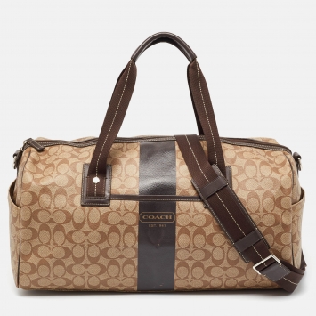 Coach Brown Signature Coated Canvas Heritage Stripe Duffle Bag