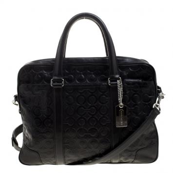 Pre Owned Coach Black Monogram Leather Slim Laptop Bag