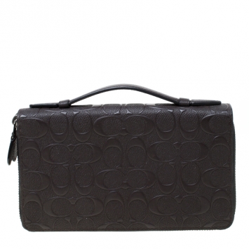 Pre Owned Coach Dark Brown Signature Embossed Leather Double Zip Travel Organizer
