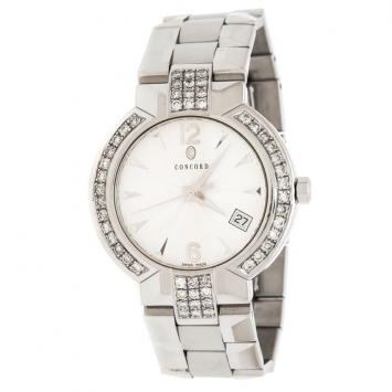 Pre Owned Concord Silver White Stainless Steel Diamonds La Scala 14.CZ.1891 Men's Wristwatch 38 mm