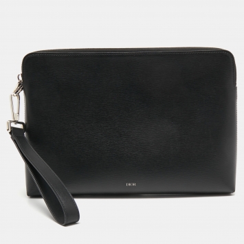 Pre Owned Dior Black Leather Wristlet Zip Pouch