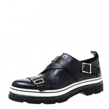 Pre Owned Dior Homme Black Brogue Leather Cross Strap Platform Oxfords Size 41.5
