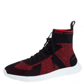 Pre Owned Dior Homme Black/Red Stretch Fabric High Top Sneakers Size 41