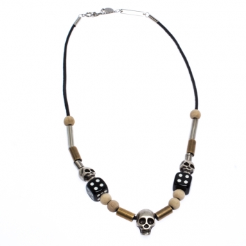 Pre Owned Dior Skulls & Dice Beads Black Leather Cord Necklace