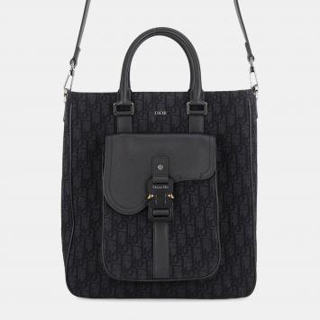 مملوكة مسبقًا Dior Saddle Tote Black Oblique Jacquard Canvas Leather Top Handle Bag